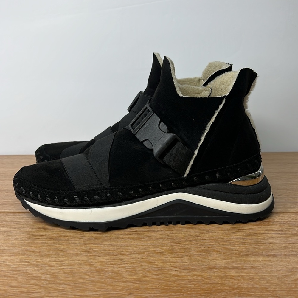 THE SHOE BOX Women's Genuine Suede and Shearling Lined Black Ankle Strap Shoes